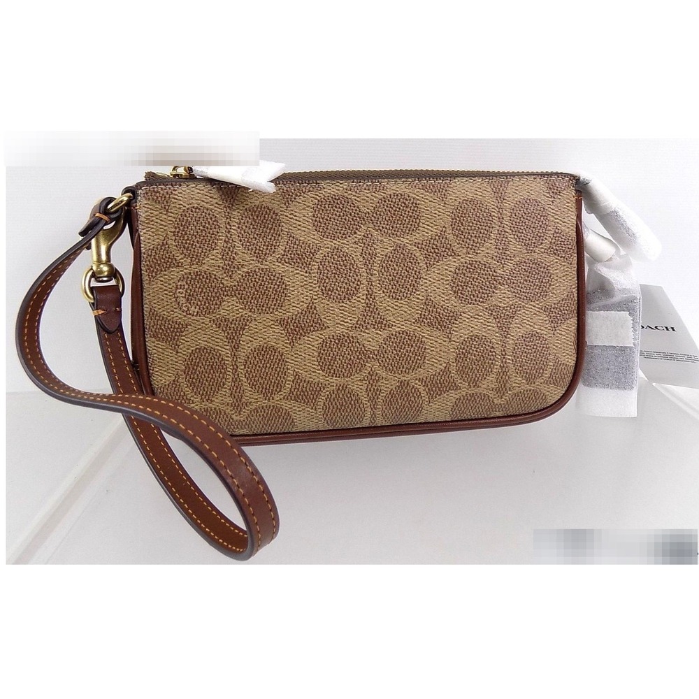 Coach Plaza Bag 18 Signature Canvas Wristlet Tan Brown CCD38 NEW